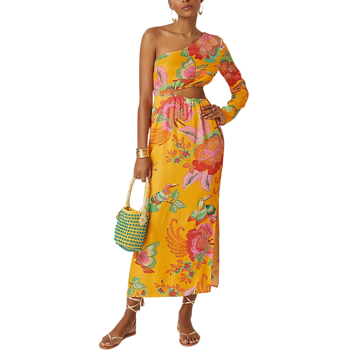 Anthropologie Vibrant Orange Motif Farm Rio One Shoulder Cutout Maxi Dress Size XS Petite