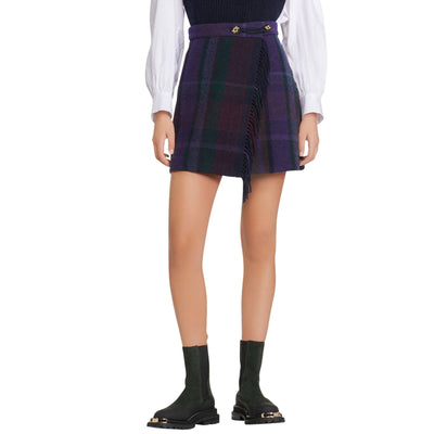 Sandro 'Rosiere' Purple Wool Plaid Fringe Faux Wrap Mini Skirt Size 36