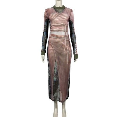 Y/Project Sheer Light Pink And Grey Trompe Loeil Wrap Maxi Dress Size EU 36 / US 4