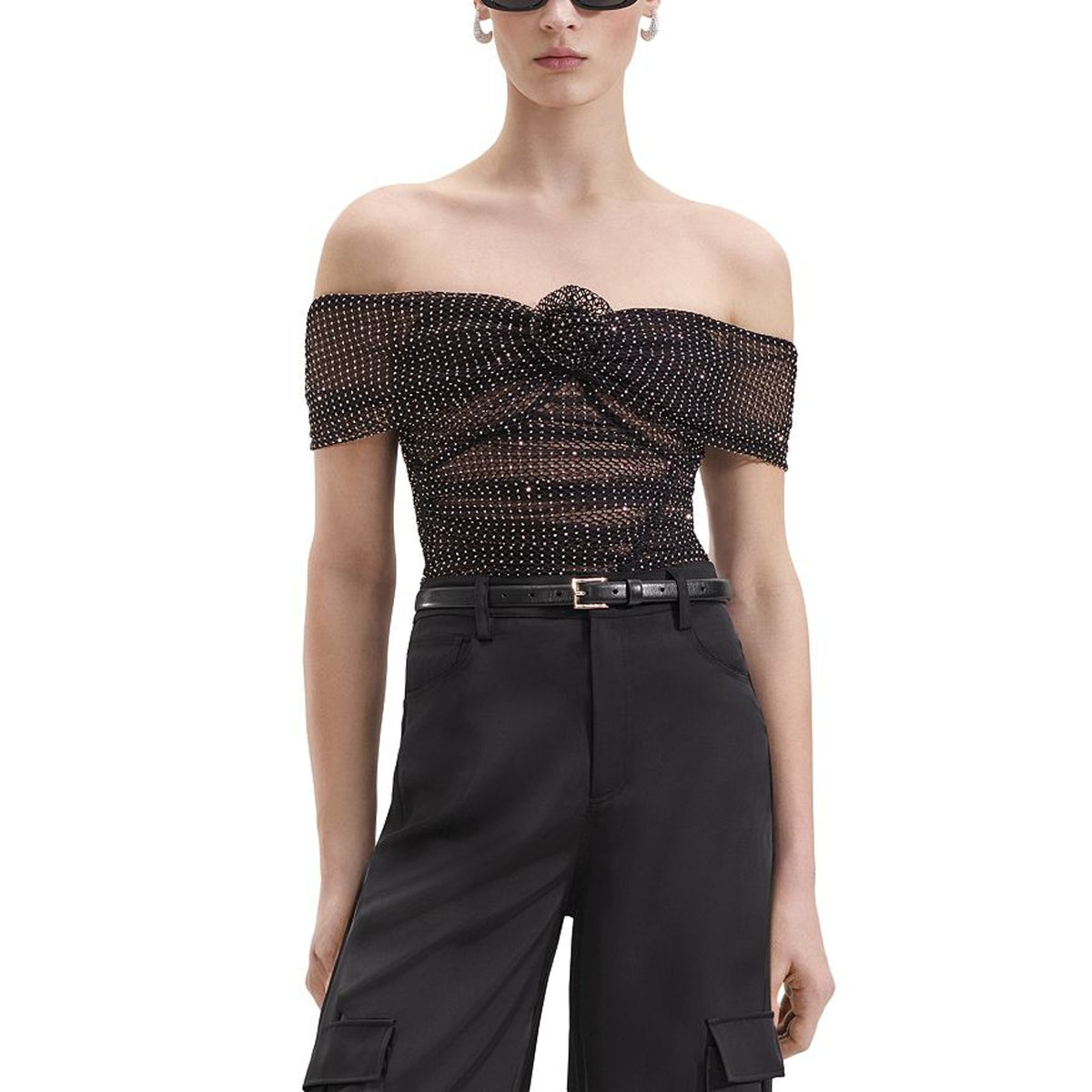Self-Portrait Embellished Black Off Shoulder Fishnet Top Size 12