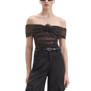 Self-Portrait Embellished Black Off Shoulder Fishnet Top Size 12