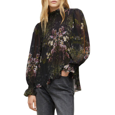 Allsaints Pleated Floral Black Multi Cora Ophelia Blouse Size 4