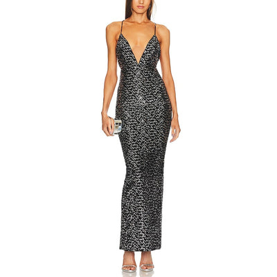 Michael Costello Sequined Black And Silver Gina Gown Size XS