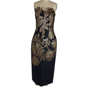 Lela Rose Metallic Black Floral Jacquard Strapless Dress Size 8