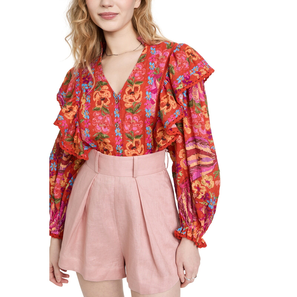 Farm Rio Ruffled Multicolor Spring Bananas Blouse Size XS
