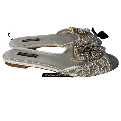 Dolce & Gabbana Embellished White Lace Crystal Slides Size 37.5 EU / US 7.5