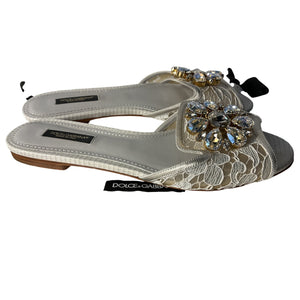 Dolce & Gabbana Embellished White Lace Crystal Slides Size 37.5 EU / US 7.5