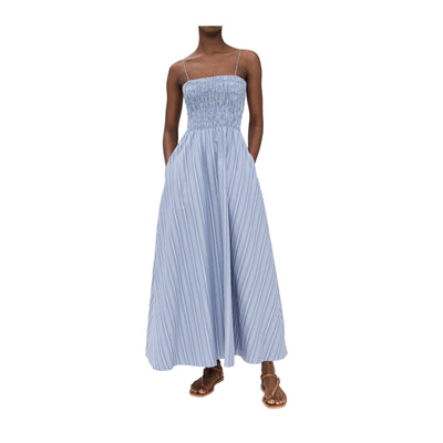 Faithfull The Brand Smocked Blue Stripe Lida Maxi Dress Size L NWT