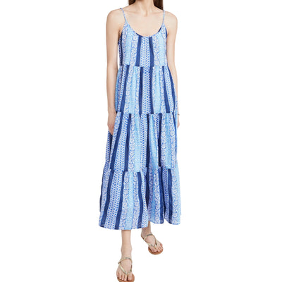 Roller Rabbit Tiered Blue Barre Dakota Maxi Dress Size XS