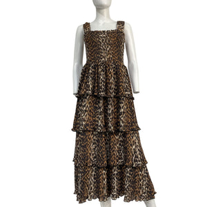 Ganni Leopard Print Brown Flounce Smock Midi Dress Size 40 EU