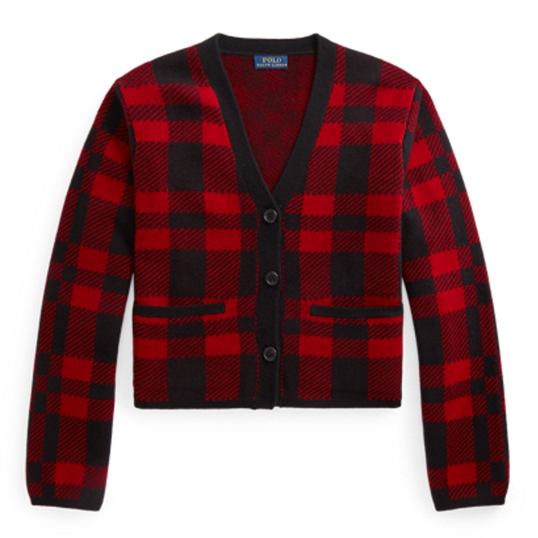 Ralph Lauren Merino Red Black Plaid V Neck Cardigan Size S