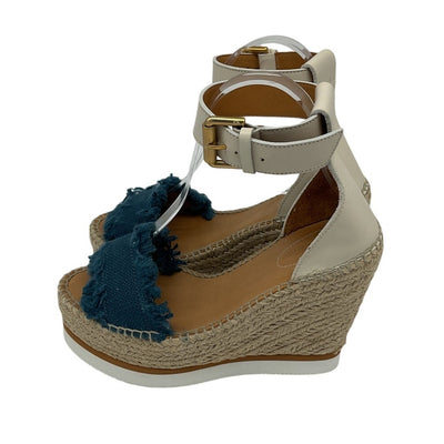 See By Chloé Frayed Blue Denim Espadrille Wedge Sandals Size 37 EU / US 7
