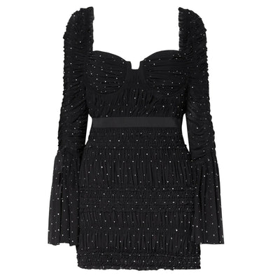 Self-Portrait Chic Black Crystal Ruched Stretch Mesh Mini Dress Size 4