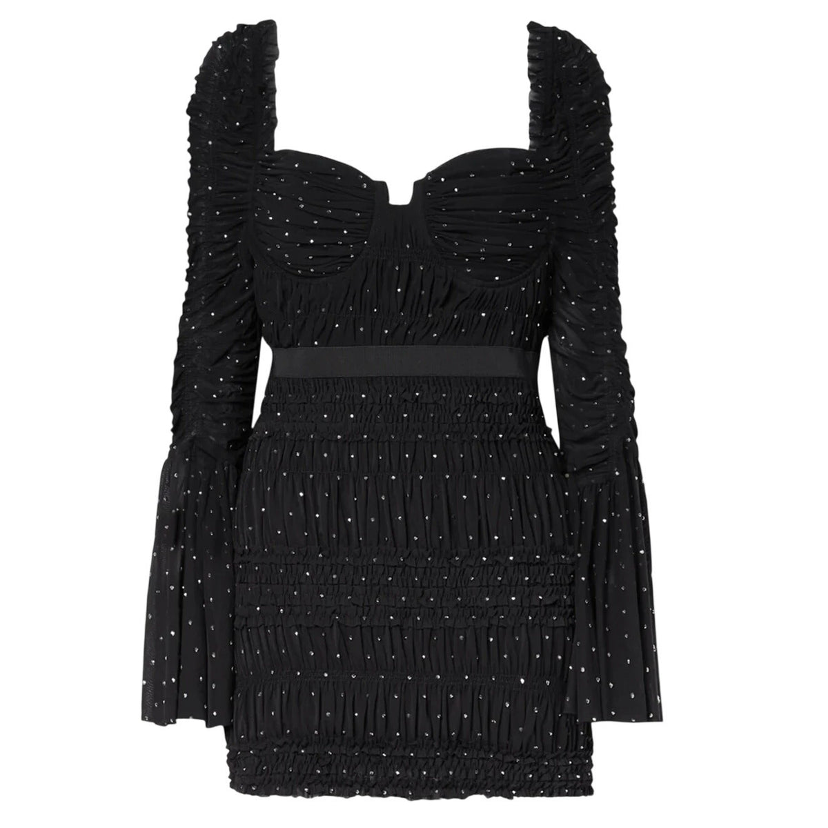 Self-Portrait Chic Black Crystal Ruched Stretch Mesh Mini Dress Size 4