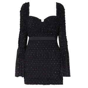 Self-Portrait Chic Black Crystal Ruched Stretch Mesh Mini Dress Size 4
