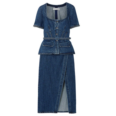 Self-Portrait Convertible Mid Denim Belted Midi Dress Size UK 8 / US 4