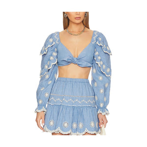 Loveshackfancy Embroidered Blue Milanti Crop Top Blouse Size S
