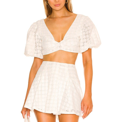 For Love & Lemons Puff Sleeve White Multi Denise Crop Top Size L