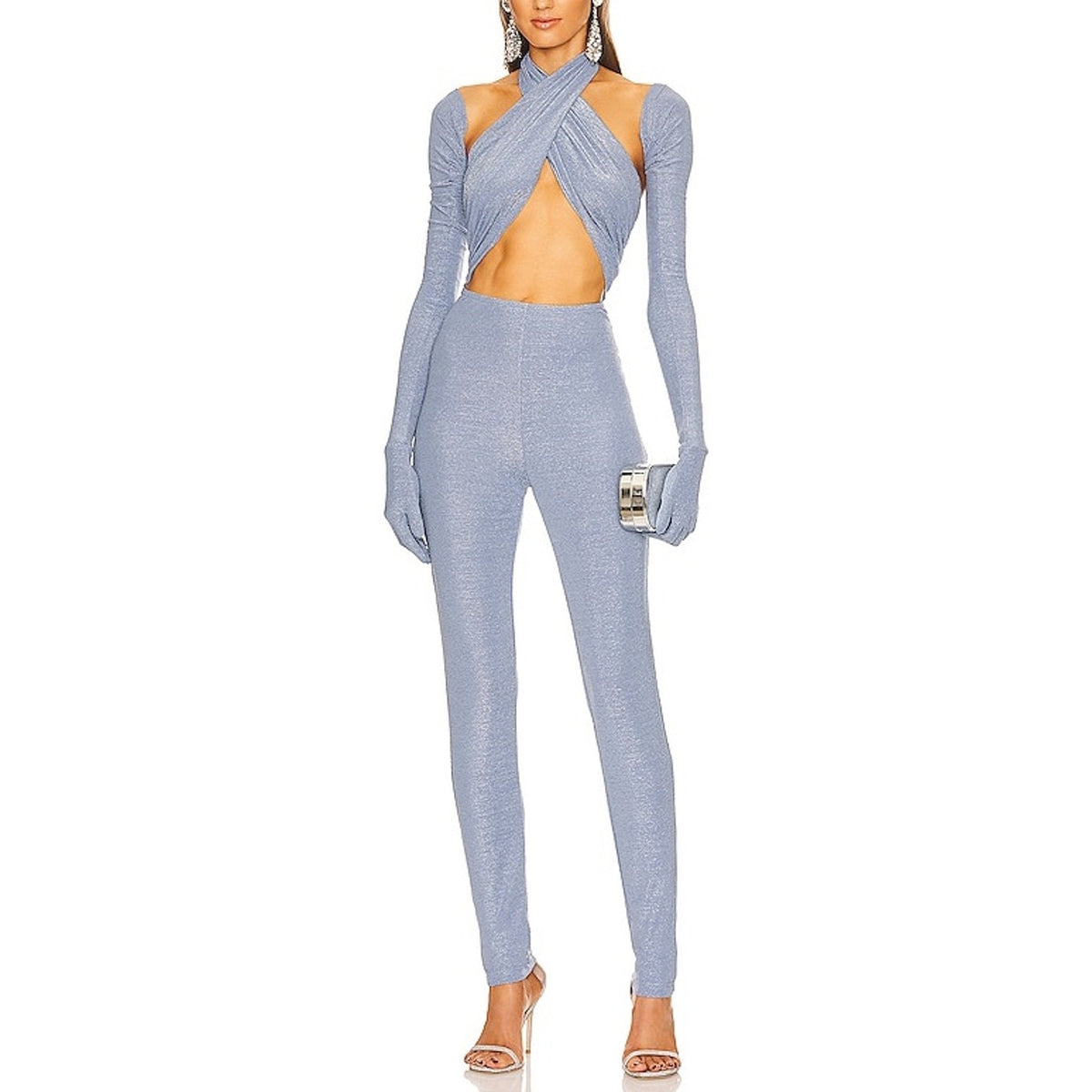 Kim Shui Glitter Blue Wrap Cutout Jumpsuit Size S