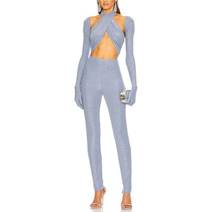 Kim Shui Glitter Blue Wrap Cutout Jumpsuit Size S