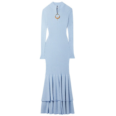 Jw Anderson Sleek Light Blue Tiered Ribbed Cotton Maxi Dress Size XS