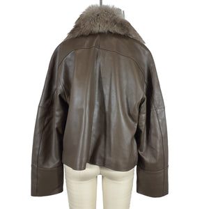 Vince Modern Brown Faux Fur Trimmed Paneled Leather Size L Jacket