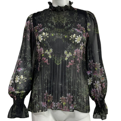 Allsaints Pleated Floral Black Multi Cora Ophelia Blouse Size 4
