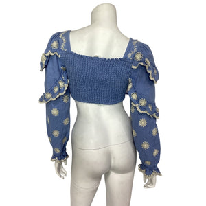 Loveshackfancy Embroidered Blue Milanti Crop Top Blouse Size S