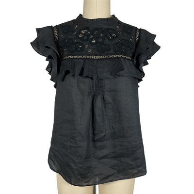 Veronica Beard Elegant Black Floral Embroidered Ruffle Yoke Top Size 2