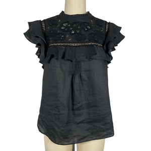 Veronica Beard Elegant Black Floral Embroidered Ruffle Yoke Top Size 2