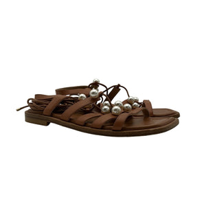 Stuart Weitzman Pearl Embellished Brown Goldie Lace Up Sandals Size 6.5