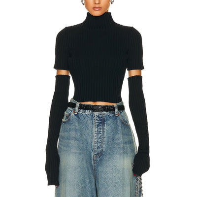 Balenciaga Ribbed Navy Cut Up Mock Neck Sweater Size S