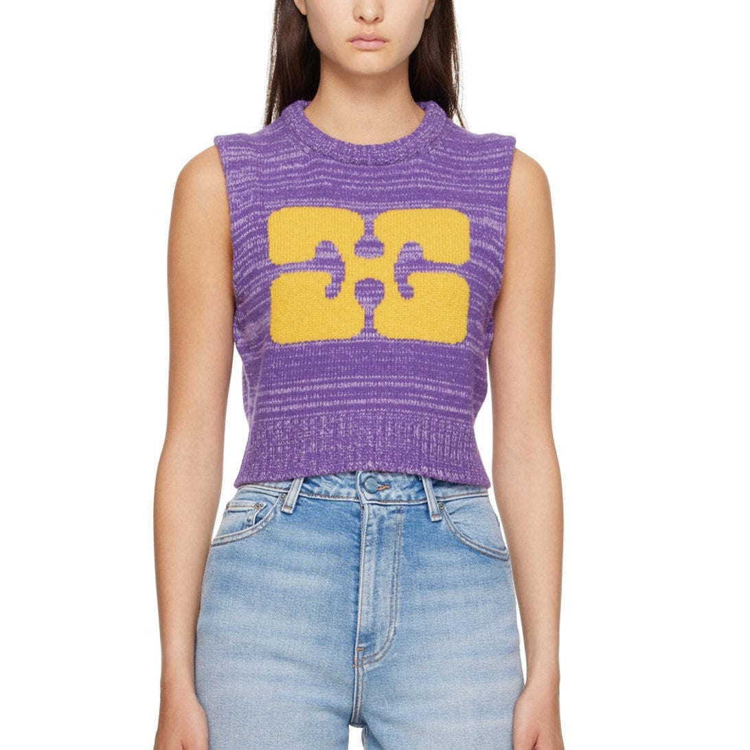 Ganni Cropped Purple Logo Knit Sweater Vest Size S