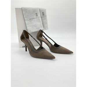 Brunello Cucinelli Bead Embellished Dark Brown Cutout Suede Pumps Size IT 40 / US 10