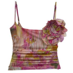 Blumarine Printed Pink Vivid Rose Rosette Ruched Tank Top Size IT 36 / US 0 NWT