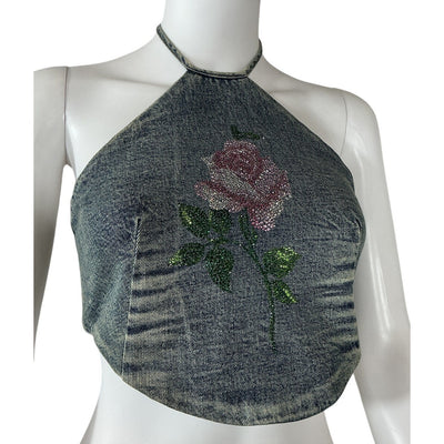 Alessandra Rich Embellished Blue Rose Halter Top Size 40 IT / US 4