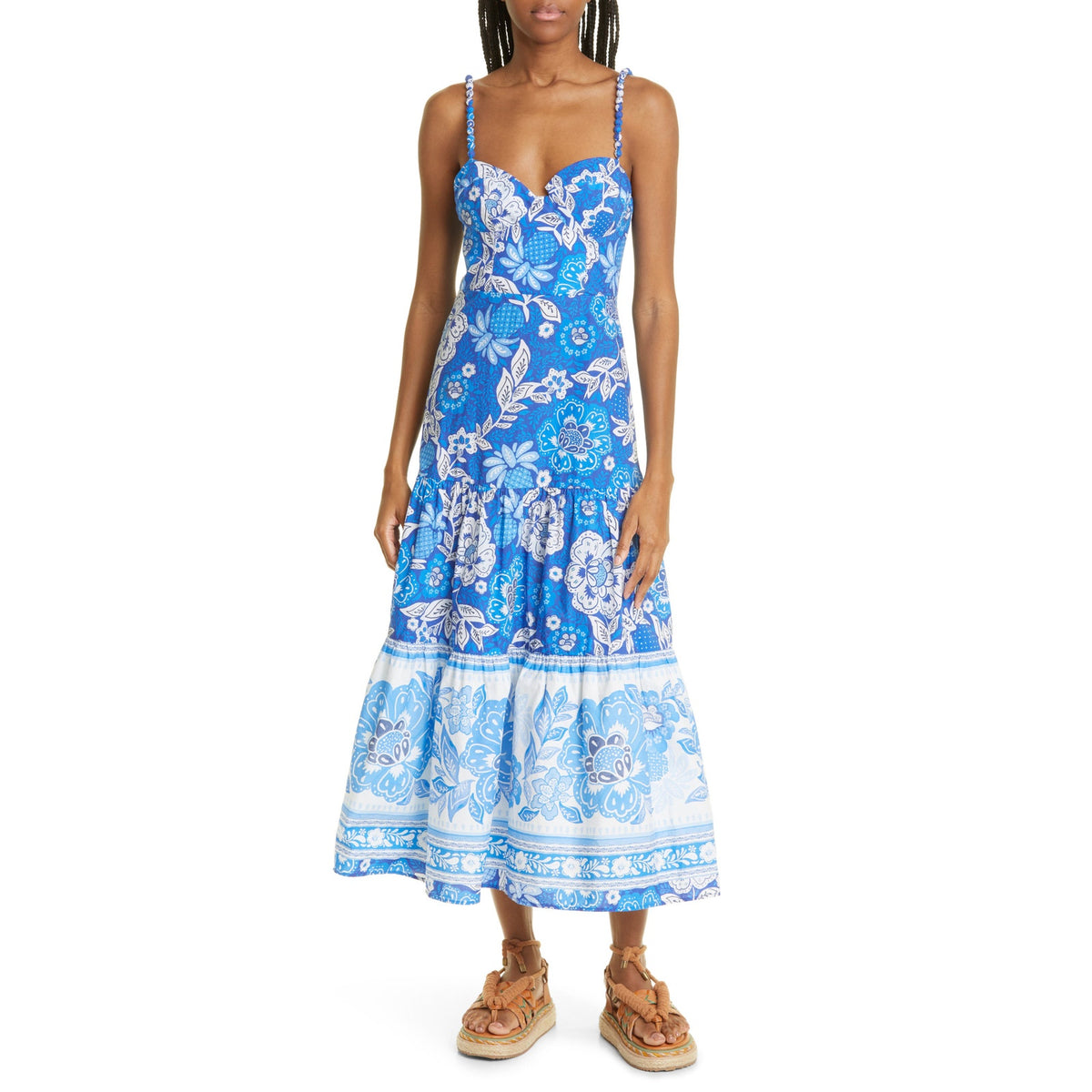 Farm Rio Full Of Flowers Blue Cotton Midi Sundress Size XS