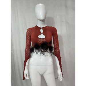Poster Girl 'Mira' Brown Heart Detail Faux Feather Semi Sheer Top Size OS