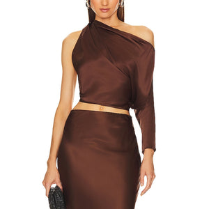 The Sei Satin Chocolate One Shoulder Top Size 4