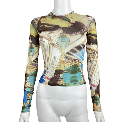 Miaou Sheer Multicolor Paloma Elsesser Baroque Long Sleeve Tee Size XS NWT