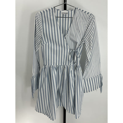 Ganni Striped White Wrap Organic Cotton Mini Dress Size 34