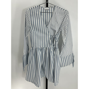 Ganni Striped White Wrap Organic Cotton Mini Dress Size 34
