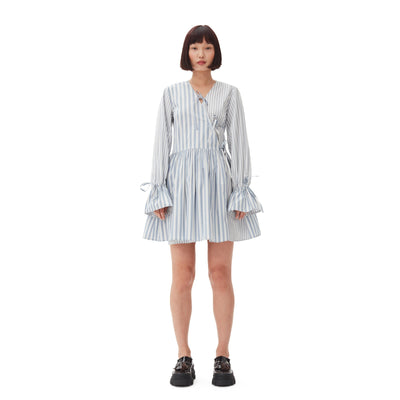 Ganni Striped White Wrap Organic Cotton Mini Dress Size 34