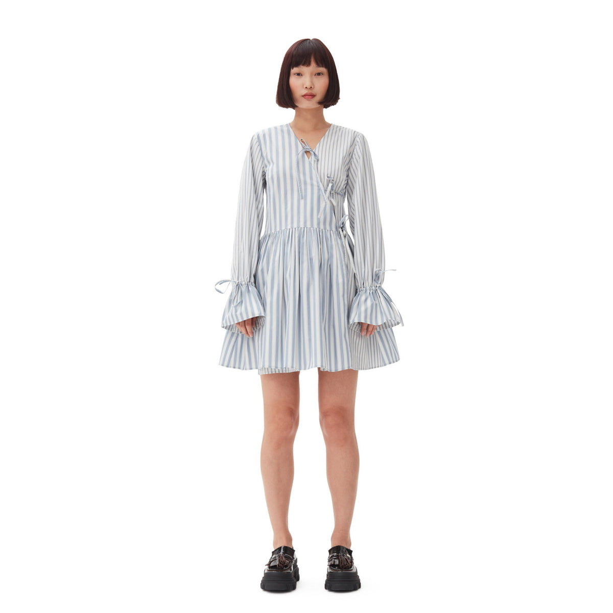 Ganni Striped White Wrap Organic Cotton Mini Dress Size 34