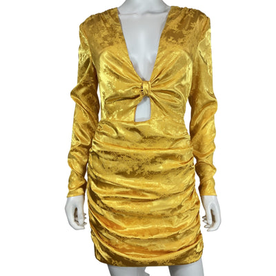 Camila Coelho Chic Yellow Knot Front Ruched Long Sleeve Mini Dress Size S