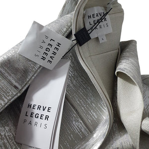 Hervé Léger Sleek Silver Halter Crossback Midi Size L Dress NWT