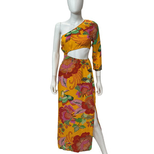 Anthropologie Vibrant Orange Motif Farm Rio One Shoulder Cutout Maxi Dress Size XS Petite