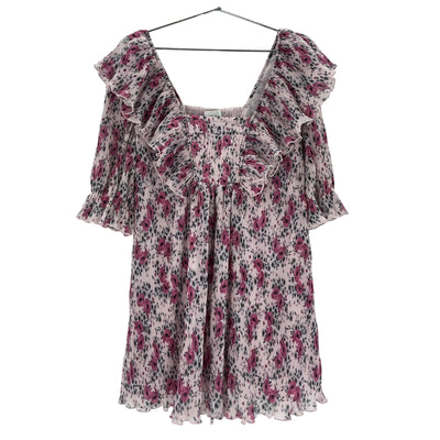 Ganni Floral Lilac Pleated Georgette Ruffle Mini Dress Size 32