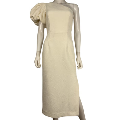 Rebecca Vallance Asymmetric Cream One Shoulder Cloque Midi Dress Size 2