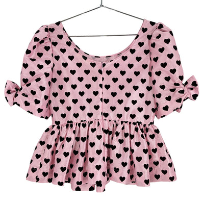 LoveShackFancy Playful Pink Heart Print Peplum Blouse Size 2